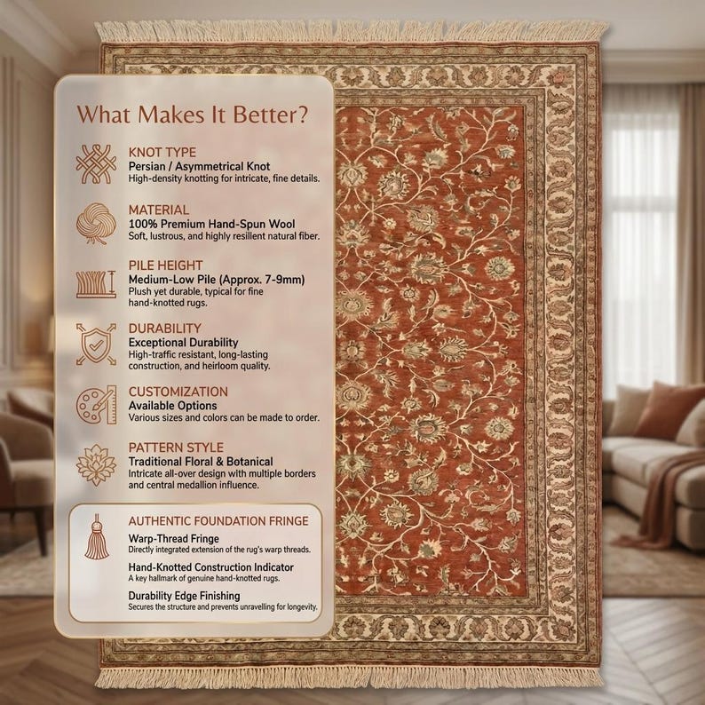 May include: A rectangular, hand-knotted rug with a floral and botanical pattern in shades of red, beige, and cream. The rug features a central medallion design and multiple borders. The text on the left side describes the rug's features.