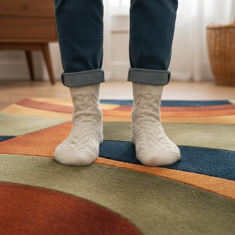 May include: A pair of cream-colored cable knit socks are worn with blue jeans. The socks are thick and textured, with a ribbed cuff. The person is standing on a colorful rug with geometric patterns in shades of orange, green, and blue.