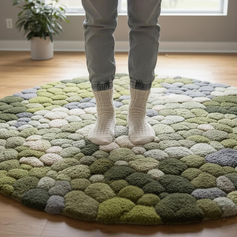 May include: A round rug with a textured, pebble-like design in shades of green, gray, and cream. The rug is on a wooden floor, and a person is standing on it, wearing gray jeans and white socks. The rug's design resembles a natural landscape.