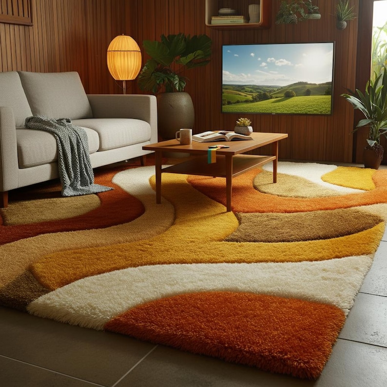 May include: A shag rug with a retro design in shades of orange, yellow, brown, and cream. The rug features a wavy pattern and is placed in a living room setting with a sofa, coffee table, and television.