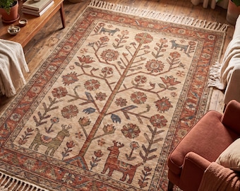 Tappeto Albero della Vita Annodato a Mano, Tappeto Tribale in Lana, Tappeto Rustico in Stile Persiano, Avorio e Ruggine, Decorazione per Soggiorno