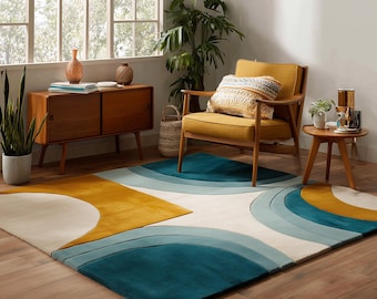 Hand-Tufted Wool Rug: Mid-Century Modern Teal & Mustard Arc Design Teppich
