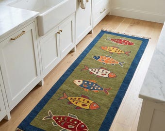 Hand Knotted Fish Pattern Wool Kitchen Hallway Runner Rug