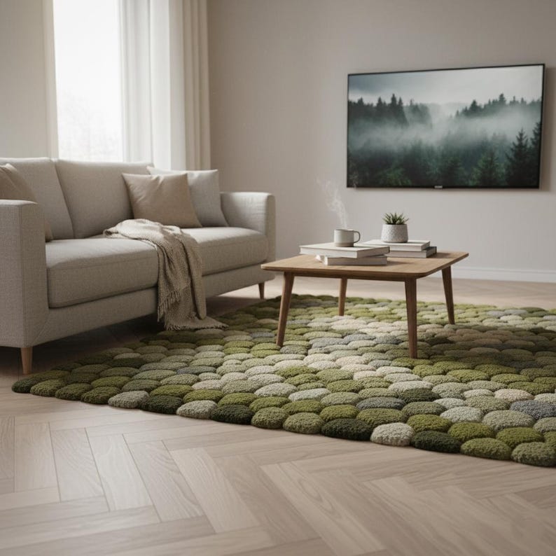 May include: A living room scene featuring a light-colored sofa, a wooden coffee table, and a textured green and white rug. A large TV displays a forest scene. The room has a neutral color palette with natural light.