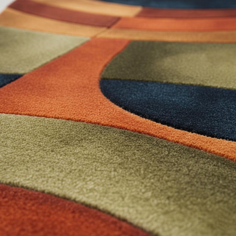 Curved geometric pattern rug in bold warm colors