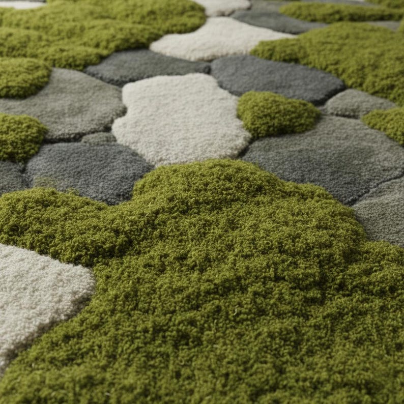 Close-up of raised pile tufted moss rug texture