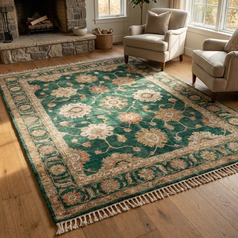 May include: A large, rectangular area rug with a dark green background and a floral pattern in beige, peach, and gold. The rug has a detailed border and fringe along the edges. The rug is placed on a hardwood floor.