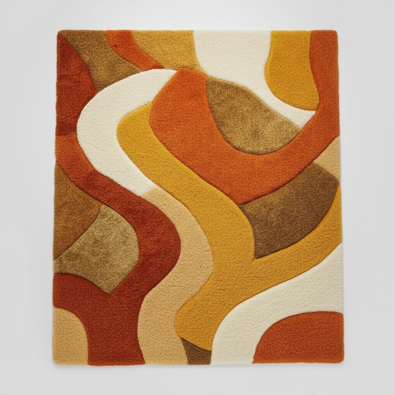 May include: A rectangular rug with a retro design. The rug features a pattern of flowing, organic shapes in shades of orange, yellow, brown, and cream. The rug has a textured, plush appearance, suggesting a soft and comfortable feel.