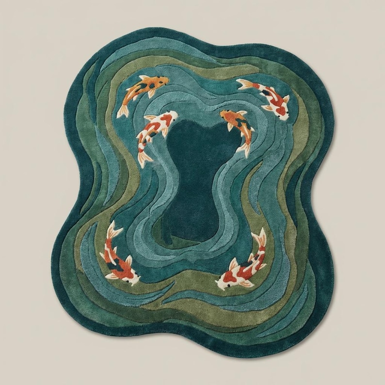 Artistic koi pond inspired hand tufted area rug with irregular outline and calming water wave pattern.
