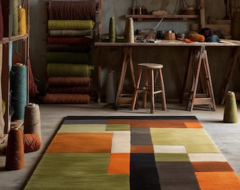 Alfombra de lana hecha a mano / Bloque de color geométrico moderno de mediados de siglo