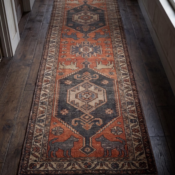 Vintage Tribal Runner Rug Hand Knotted Wool Carpet, Indian Style Hallway Rug, Rustic Farmhouse Decor