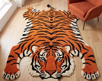 Handgetufteter Tigerteppich, Teppich in Tierform, kräftiges Orange-Schwarz-Statement Dekor für Wohnzimmer, Kinderzimmer, moderner Dschungelstil
