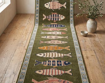 Handgeknüpfter Fischläufer Teppich Küstenwolle Flurteppich Nautische Kunst Teppich Strand Hausdeko