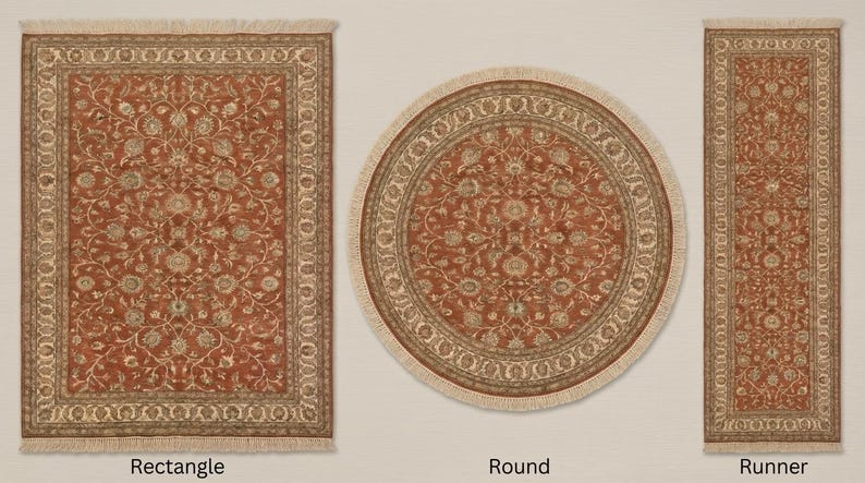 Hand knotted wool rug available in rectangle, runner, and round shapes for living room, hallway, and bedroom use