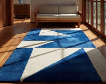 Modern Blue Geometric Rug, Hand Tufted Wool Area Rug, Mid Century Style Carpet, Contemporary Living Room Decor, Custom Size Blue & White Rug