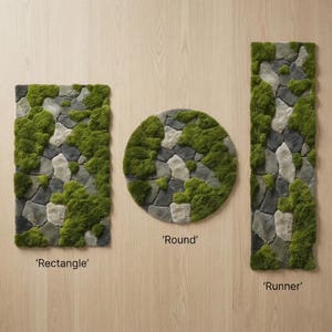 May include: Three rugs with a stone and moss design. The rugs are a rectangle, a circle, and a runner shape. The rectangle rug is approximately 36 inches long and 24 inches wide. The circle rug is approximately 36 inches in diameter. The runner rug is approximately 60 inches long and 24 inches wide.