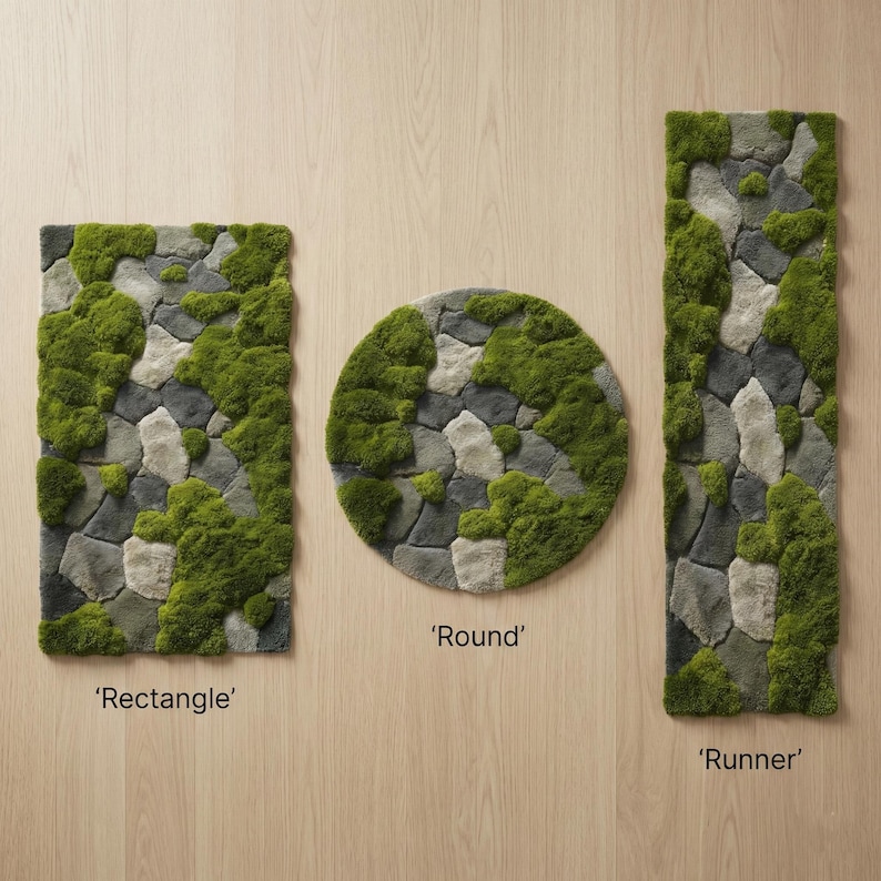 May include: Three rugs with a stone and moss design. The rugs are a rectangle, a circle, and a runner shape. The rectangle rug is approximately 36 inches long and 24 inches wide. The circle rug is approximately 36 inches in diameter. The runner rug is approximately 60 inches long and 24 inches wide.