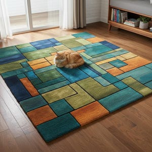 May include: A rectangular area rug with a geometric pattern in shades of blue, green, and orange. The rug is made of a soft material and has a modern design. An orange cat is curled up on the rug.