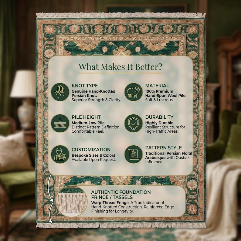 May include: A green and beige Persian rug with a detailed floral pattern. The rug features a hand-knotted design, medium-low pile, and is made of hand-spun wool. The text on the rug reads "What Makes It Better?"