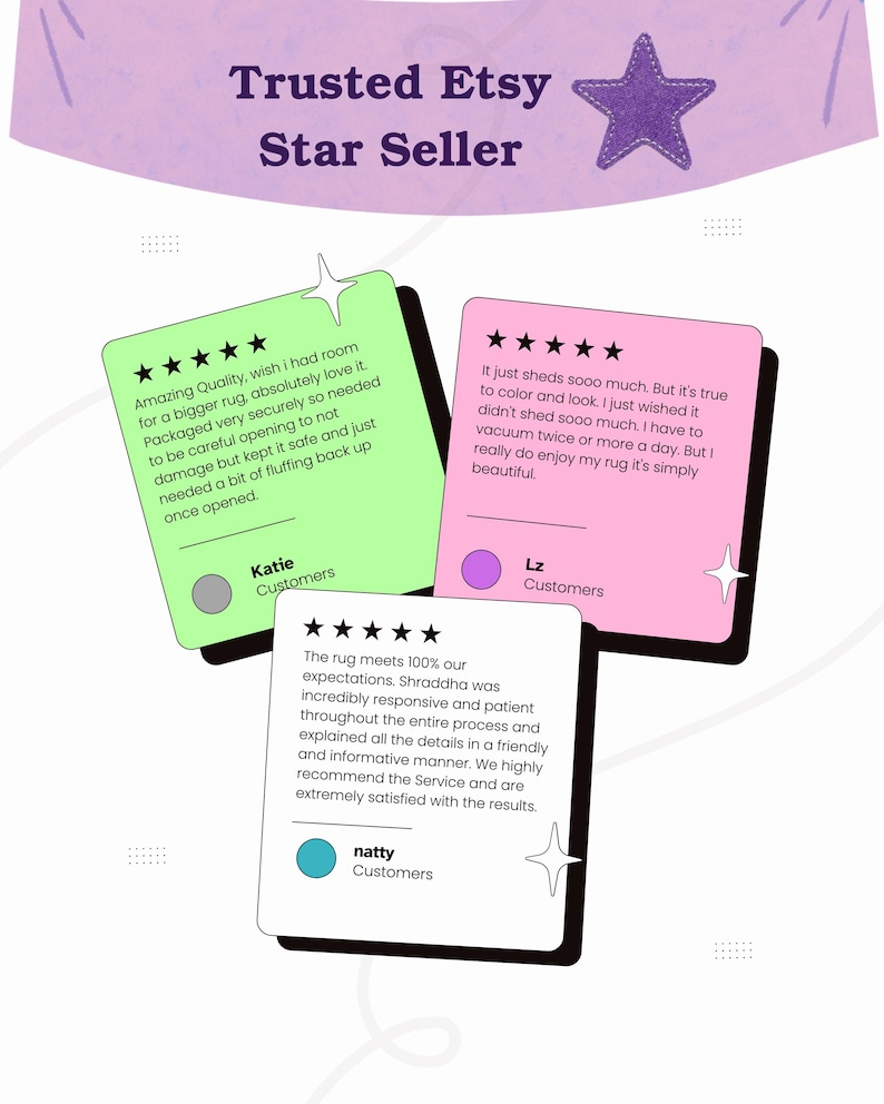 K&ouml;nnte beinhalten: Grafik zur Werbung f&uuml;r einen Etsy Star Seller. Das Bild zeigt Kundenbewertungen auf farbigen Karten mit Sternebewertungen. Der Text enth&auml;lt S&auml;tze wie "Amazing Quality" und "The rug meets 100% our expectations."