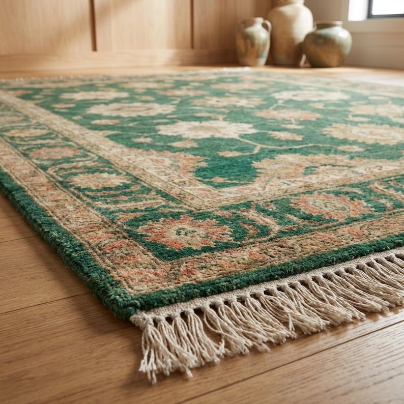 Artisan handmade wool rug in green color palette enhancing neutral interior with traditional floral pattern