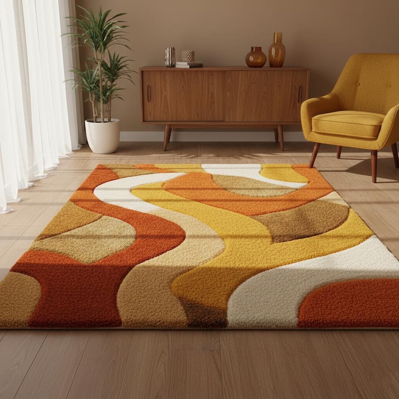 Abstract Retro Rug | Tufted Orange & Mustard Area Carpet | 70s Style Curved Design Rug | Mid Century Modern Warm Tones Plush Vintage Decor image 1