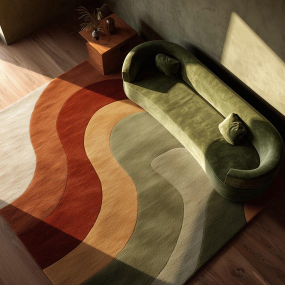 Mid Century Modern Area Rug • Retro Wave Living Room Carpet • Burnt Orange & Green Abstract Rug • Soft Cozy Large Tufted MCM Rugs