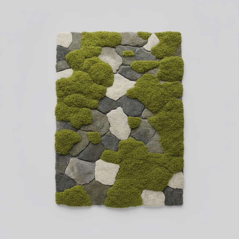Nature inspired tufted rug with pebble and moss design