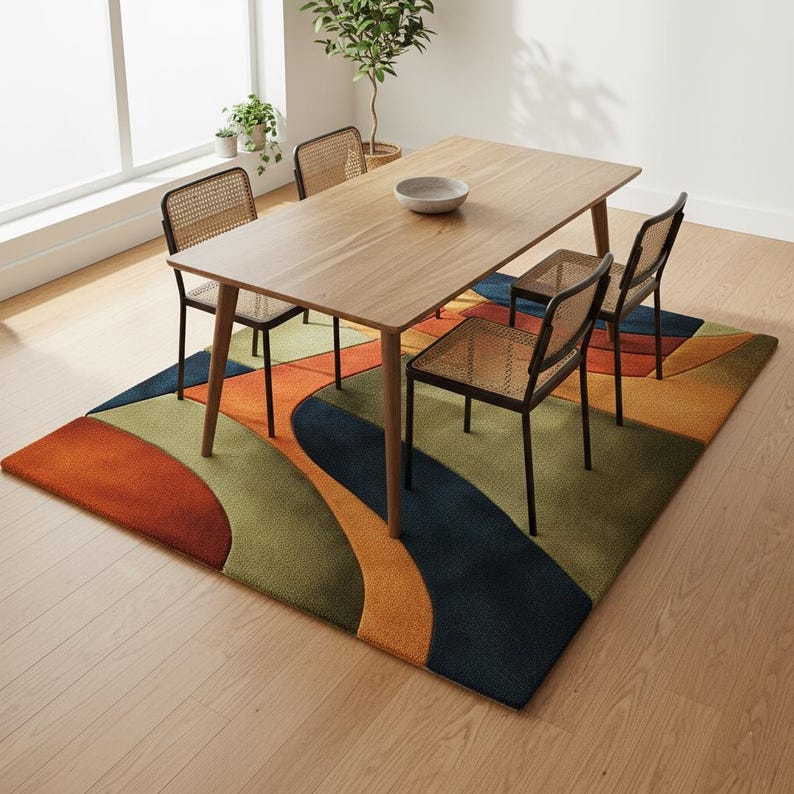 Retro style tufted rug under velvet armchair and wood furniture