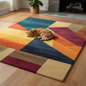 May include: A colorful geometric area rug with a variety of shapes and colors, including blue, orange, yellow, and burgundy. An orange tabby cat is sleeping on the rug. The rug is on a hardwood floor.