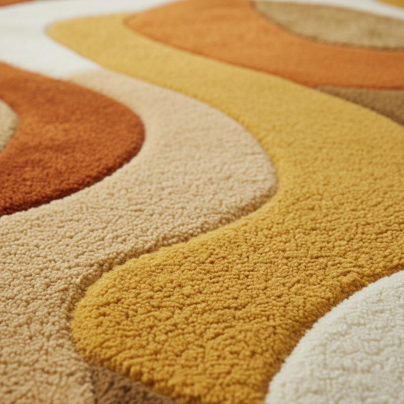 May include: Close-up of a textured rug with a retro design. The rug features wavy patterns in shades of orange, yellow, beige, and white. The plush material creates a soft, inviting look, perfect for adding a touch of vintage style to any room.