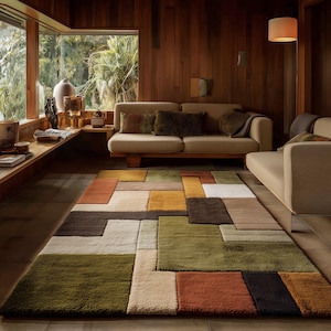 Tappeto geometrico in lana in stile moderno di metà secolo, tappeto retrò a blocchi di colore