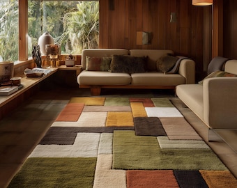 Tappeto geometrico in lana in stile moderno di metà secolo, tappeto retrò a blocchi di colore
