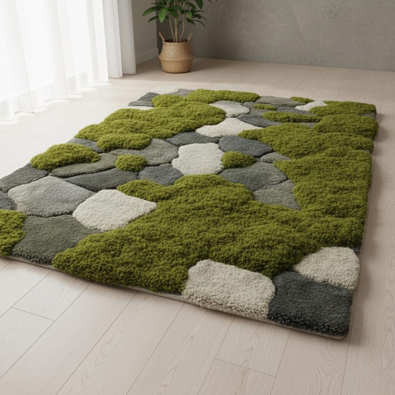 May include: A rectangular area rug with a unique design. The rug features a pattern of various-sized, irregularly shaped patches in shades of green, gray, and white, resembling a mossy landscape. The rug is placed on a light-colored wooden floor.
