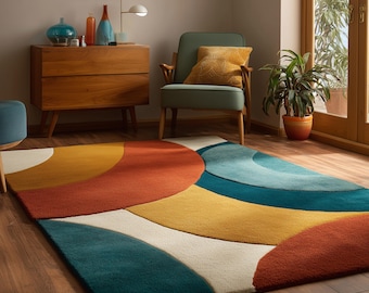 Getuftete Teppiche | Mid Century Modern Teppich | Retro Color Block Teppich | Abstrakter geometrischer Wohnzimmer Teppich | Handgemachte Wolle | Boho Teppich