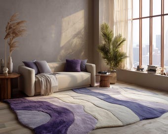 Purple Wavy Wool Area Rug | Handmade Irregular Shaped Carpet