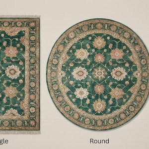May include: Three rugs in different shapes: a rectangle, a round, and a runner. Each rug features a dark green background with a floral pattern in beige and peach tones. The rugs have a fringed border and are displayed on a neutral background.