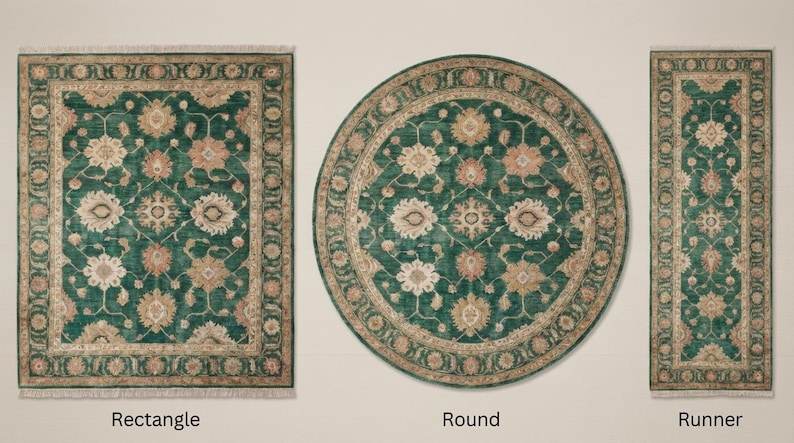 May include: Three rugs in different shapes: a rectangle, a round, and a runner. Each rug features a dark green background with a floral pattern in beige and peach tones. The rugs have a fringed border and are displayed on a neutral background.