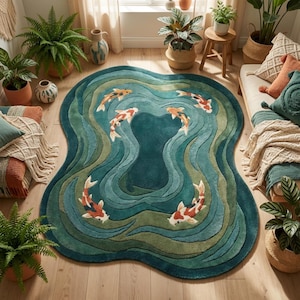 Nature inspired modern wool rug styled between sofa and chair in minimalist interior space.