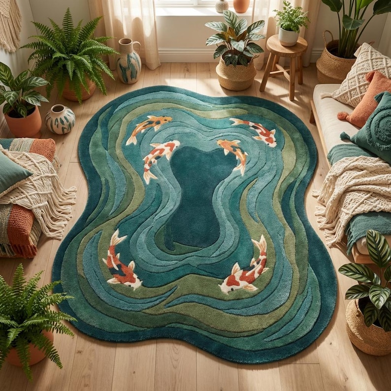 Nature inspired modern wool rug styled between sofa and chair in minimalist interior space.