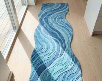 Hand Tufted Wool Runner Rug, Abstract Blue Wavy Hallway Carpet, Organic Modern Decor