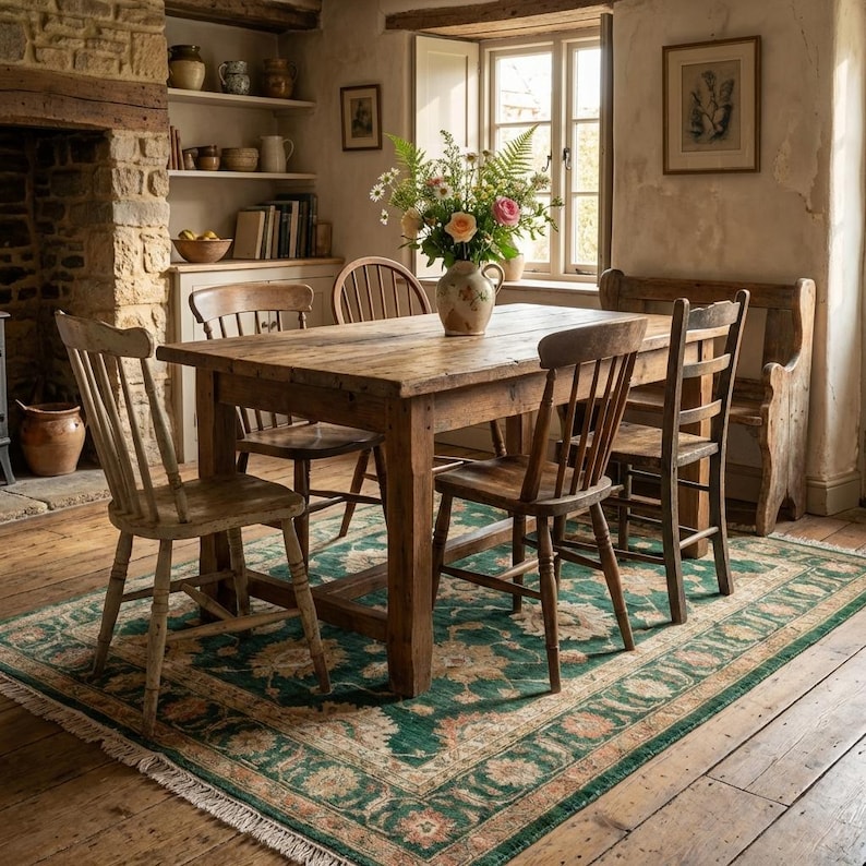 May include: A rustic dining room scene featuring a large wooden table surrounded by wooden chairs and a bench. A green and beige patterned rug sits beneath the table. A vase of flowers sits on the table, and the room has a warm, inviting atmosphere.