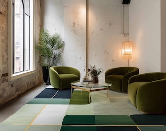 Geometric Green Wool Rug | Hand-Tufted Color Block Carpet