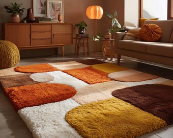 Tappeto retrò geometrico astratto anni '70, tappeto a pelo lungo color terra moderno di metà secolo