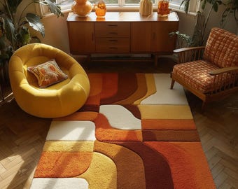 Dywan retro | Dywan tuftowany ręcznie | Teppich w stylu mid-century modern z lat 70. | Dywan w geometryczne wzory w kolorze musztardowo-pomarańczowym | Dywan w modnym stylu | Dywan MCM | Dywan vintage | Dywany