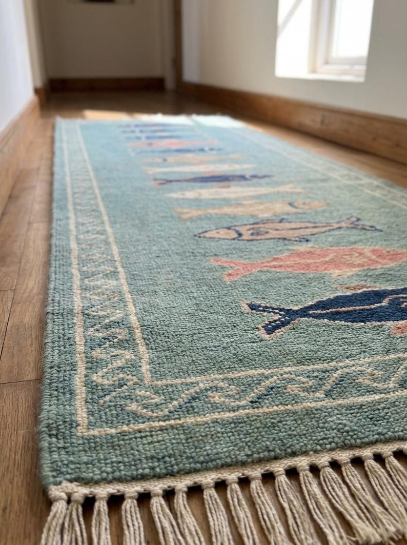 K&ouml;nnte beinhalten: Ein rechteckiger, hellblauer Teppich mit einem sich wiederholenden Fischmuster in Rosa, Blau und Beige. Der Teppich hat einen wei&szlig;en Rand mit einem dekorativen Design und Fransen an den Enden. Er liegt auf einem Holzboden.