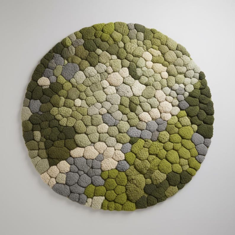 Textured green and grey round rug for biophilic living room decor.