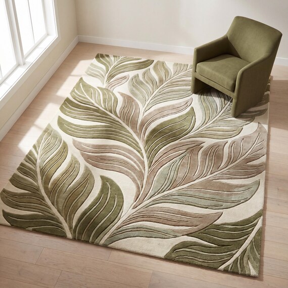 Botanical Leaf Rug Hand Tufted Wool Carpet Green Beige Modern Area Rug for Living Room Bedroom Decor