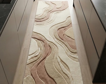 Alfombra de pasillo neutra abstracta, moderna alfombra tejida a mano para el pasillo de la cocina.