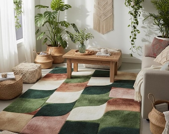 Geometric Wool Area Rug | Green Rust Wavy Checkerboard Design
